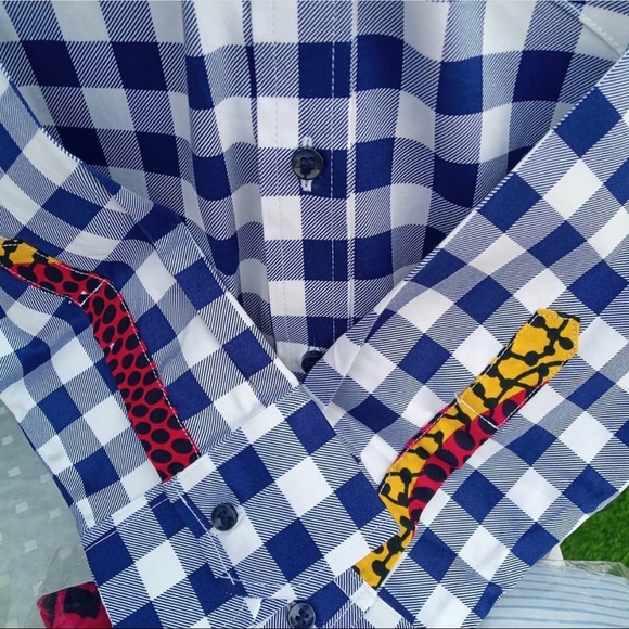 Blue & white checked and African print men’s shirt - Picture 3 of 4